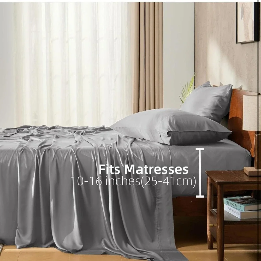Gökotta King Sheet Set 100% Bamboo Rayon Cooling Deep Pocket Grey Silky Soft
